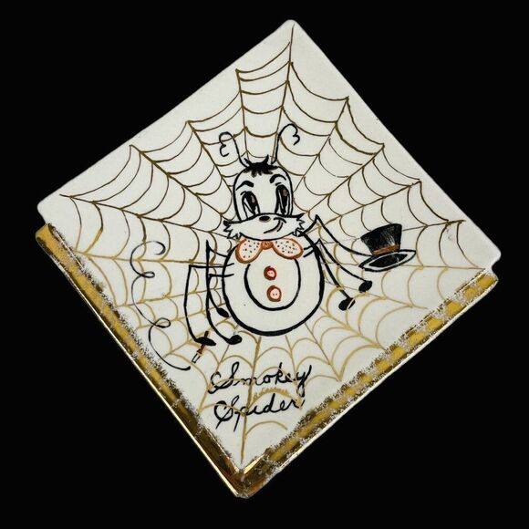 RARE Vintage 1950s Signed Spider Plates Halloween Smokey Sissy Kitschy Gold Trim - Picture 3 of 12